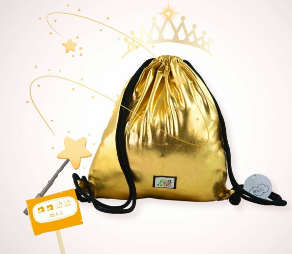 Rucksackbeutel in gold mit Zauberstab und funkelnde Krone in gold